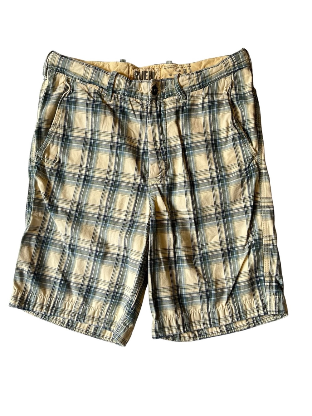 Ruehl 925 chino shorts 32 Blue plaid Mens Button fly 100% Cotton Flat front